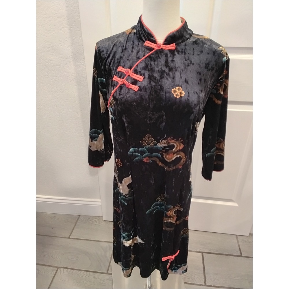 Fashion Classic High Collection Black Velvet Dragon‎ Crane Cheongsam Qipao -L